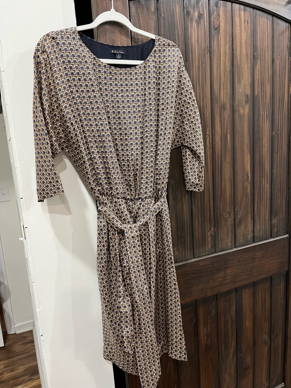 Brooks BrothersDraped Geometric-Print Women’s Dress in Brown and Navy